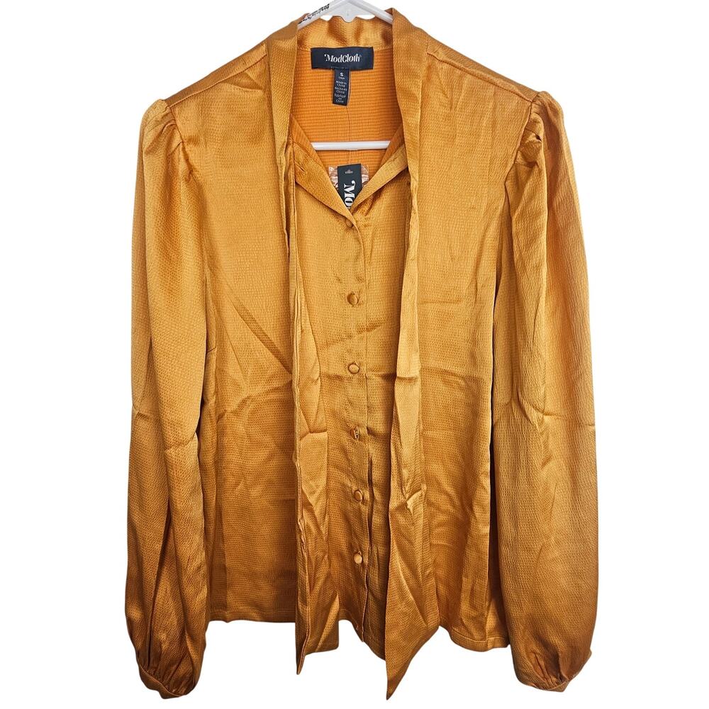 ModCloth Womens Button Front Blouse Size S Mustard Shiny Cottage Career Corp